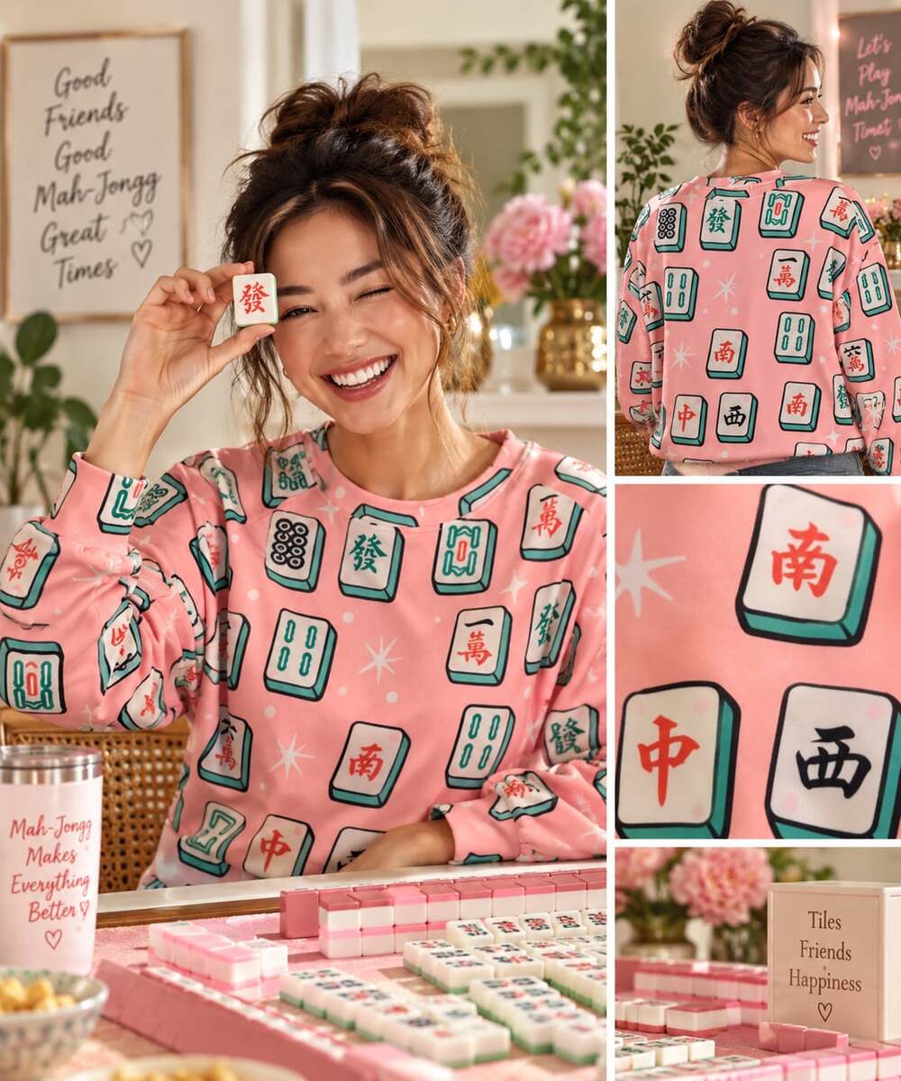 Pink Mahjong Tile Print Crewneck Sweatshirt